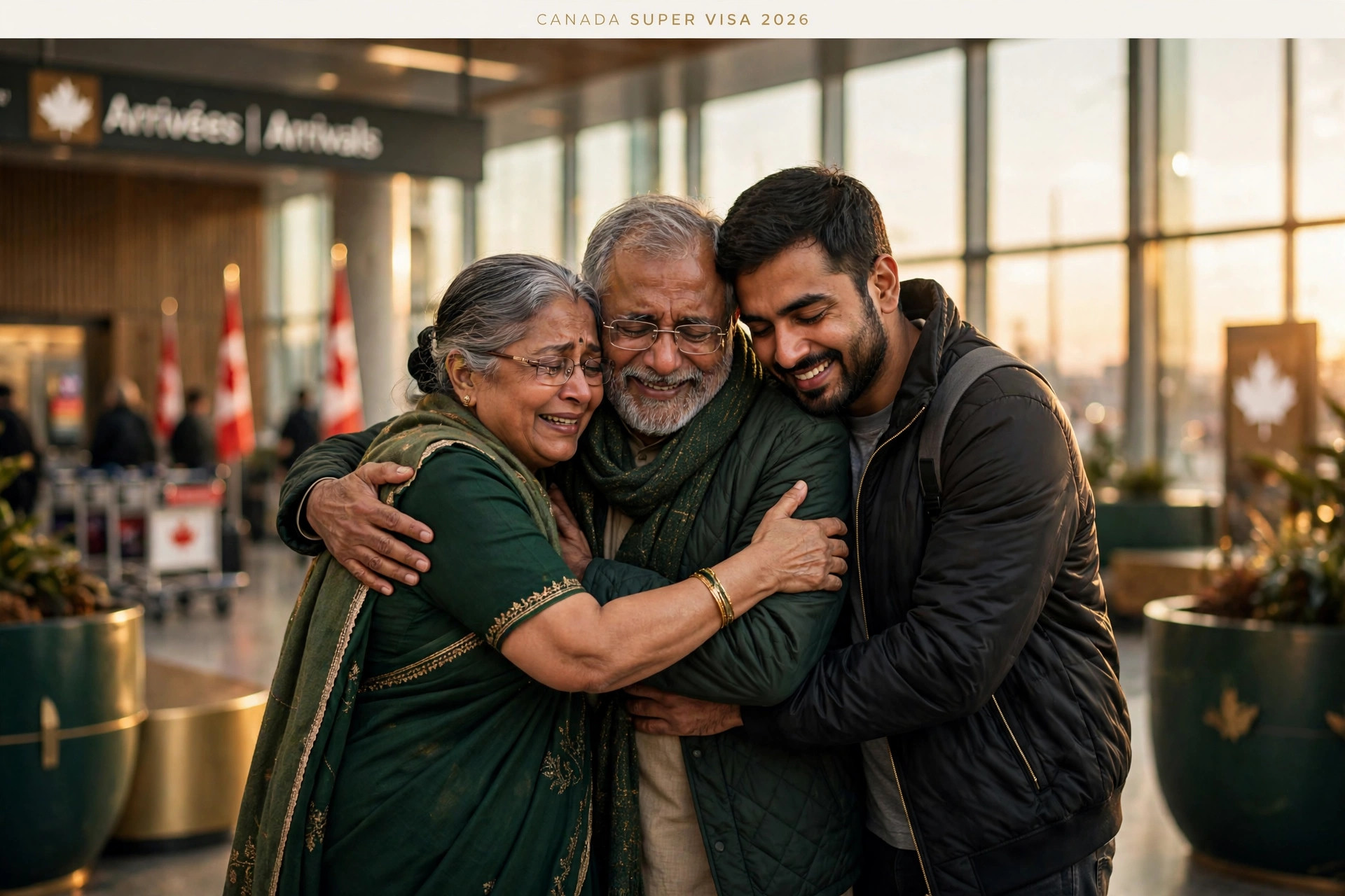Parents reuniting with their adult child at a Canadian airport arrivals hall