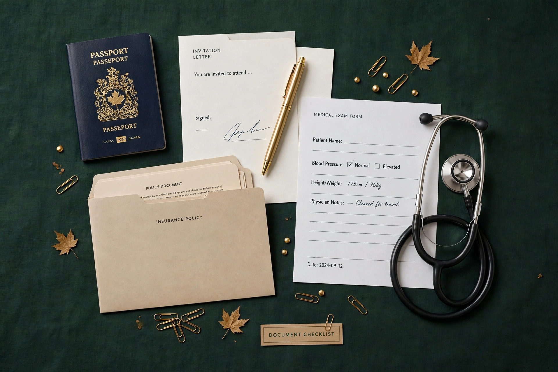 Super Visa documents arranged together: passport, invitation letter, insurance policy and medical forms