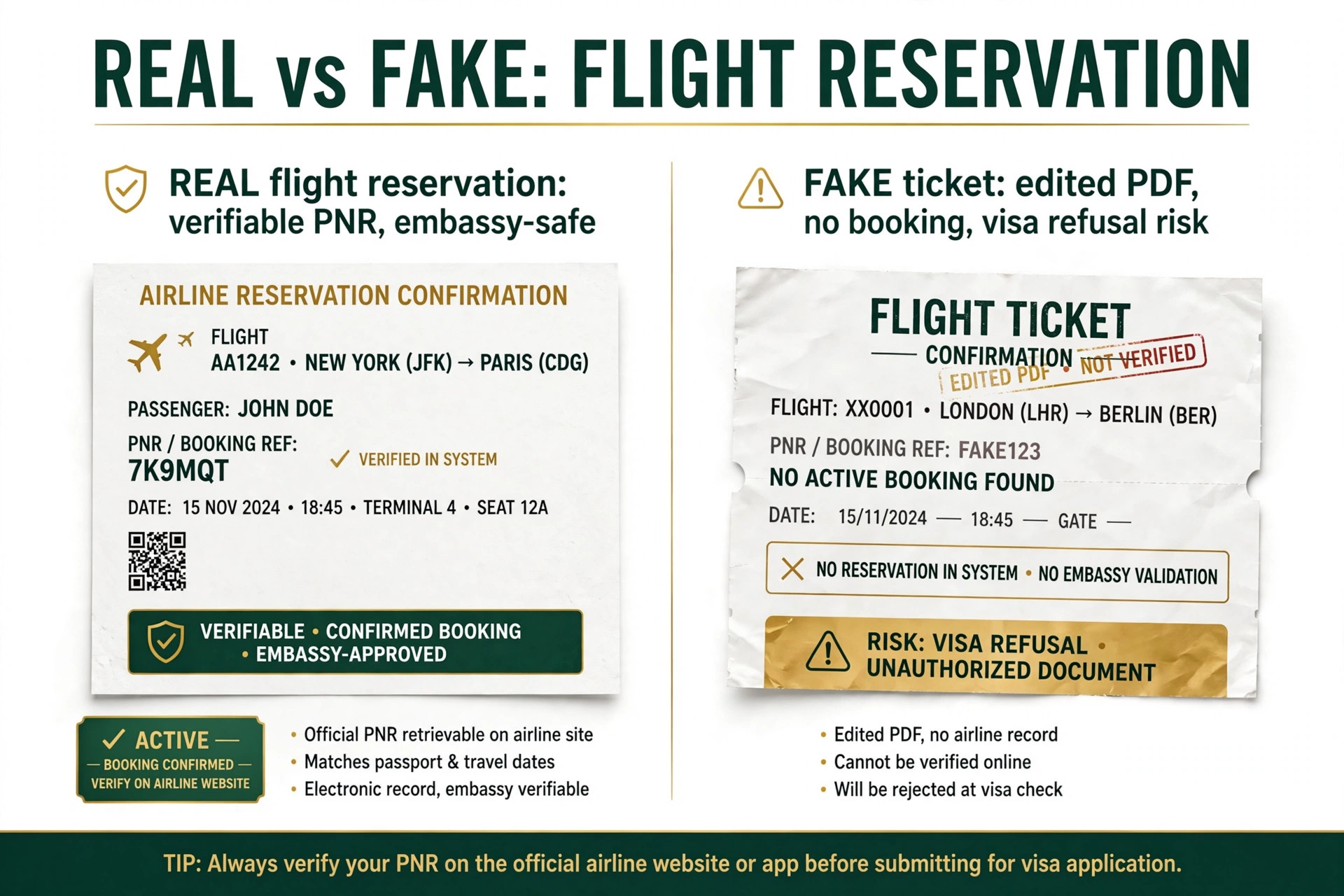 Comparison of a genuine verifiable flight reservation with a live PNR versus a fake edited ticket with no booking behind it