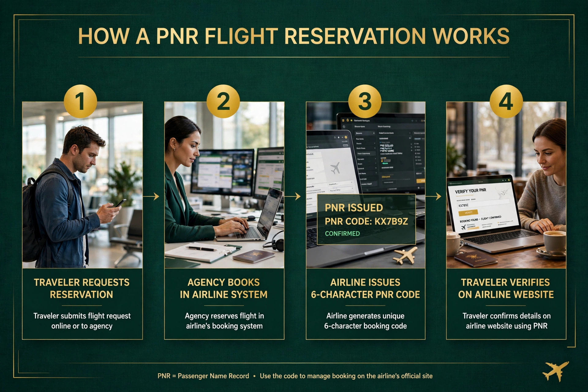 Four steps of PNR verification: reservation created in the airline system, PNR issued, details checked on the airline website, booking confirmed live