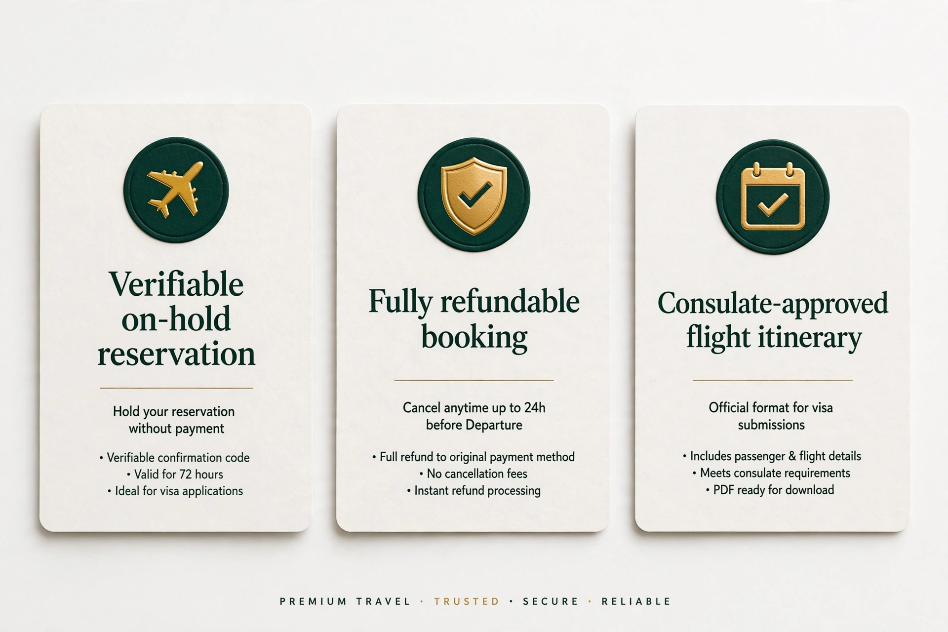 Three legitimate ways to evidence flight plans for a visa application: verifiable hold reservation, airline fare hold, and fully refundable ticket