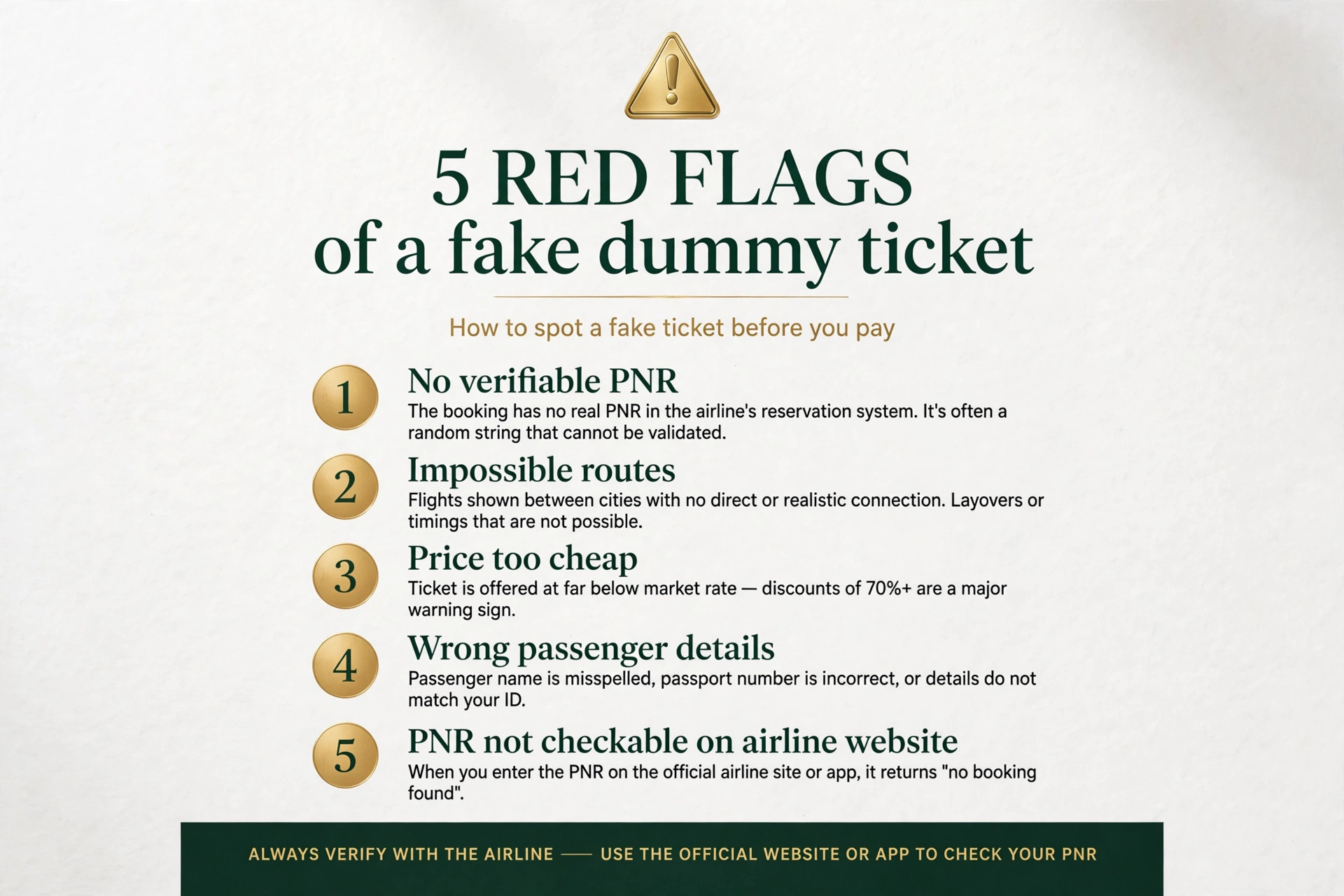 Warning signs of a fake dummy ticket: unverifiable PNR, non-existent routes, wrong passenger name, and prices too low to be a real booking