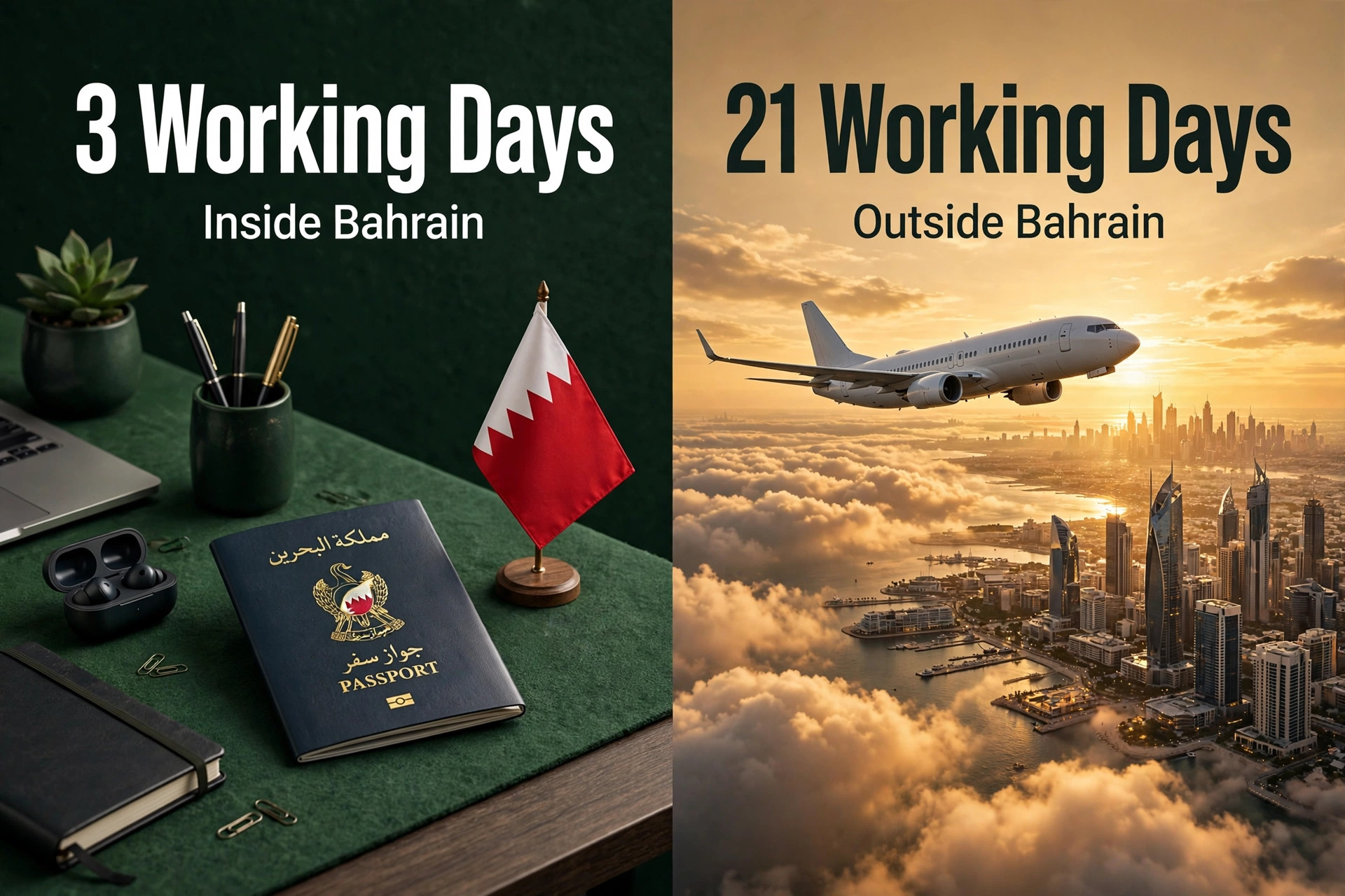 Side-by-side comparison of Bahrain work permit processing time: 3 working days inside Bahrain versus 21 working days outside Bahrain