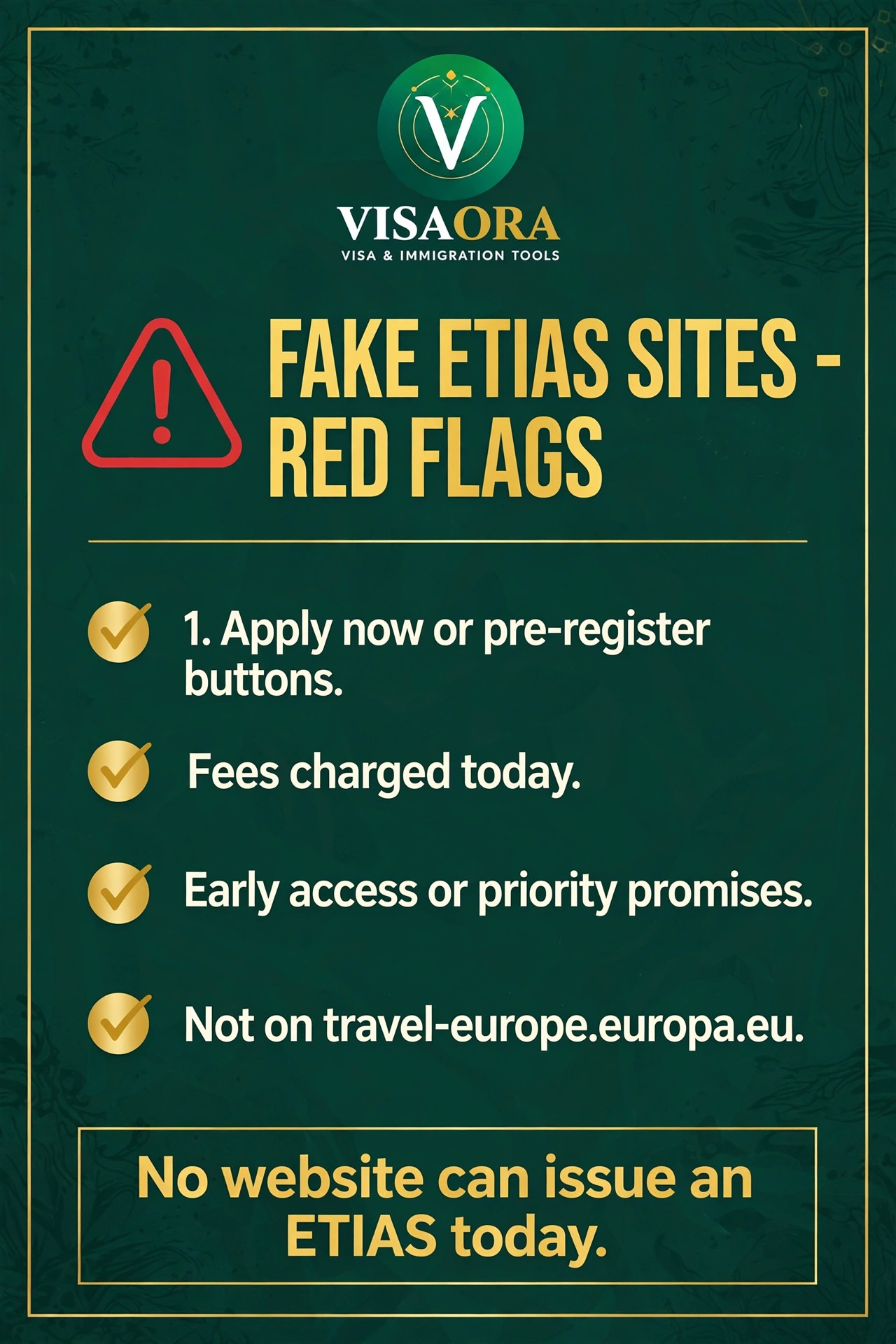 Fake ETIAS sites red flags: apply now buttons, fees charged today, early access promises, unofficial domains