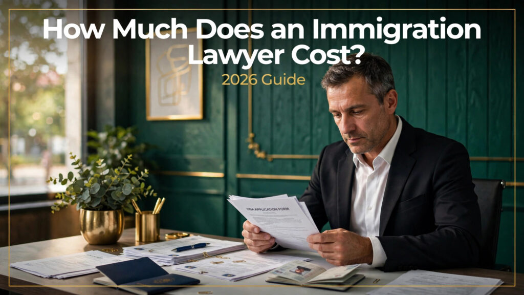 Immigration lawyer reviewing visa application documents at a desk — How Much Does an Immigration Lawyer Cost 2026 Guide