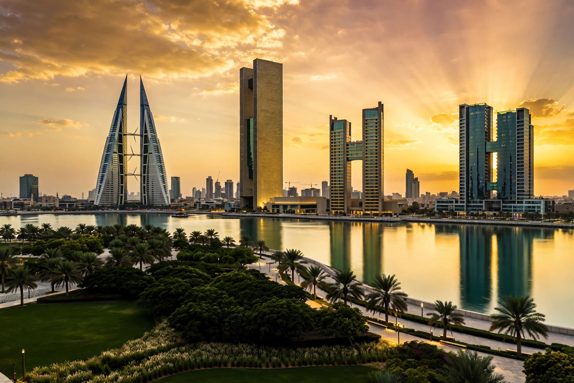 Manama Bahrain skyline at sunset over Bahrain Bay, representing Bahrain Flexi Permit and LMRA fee routes