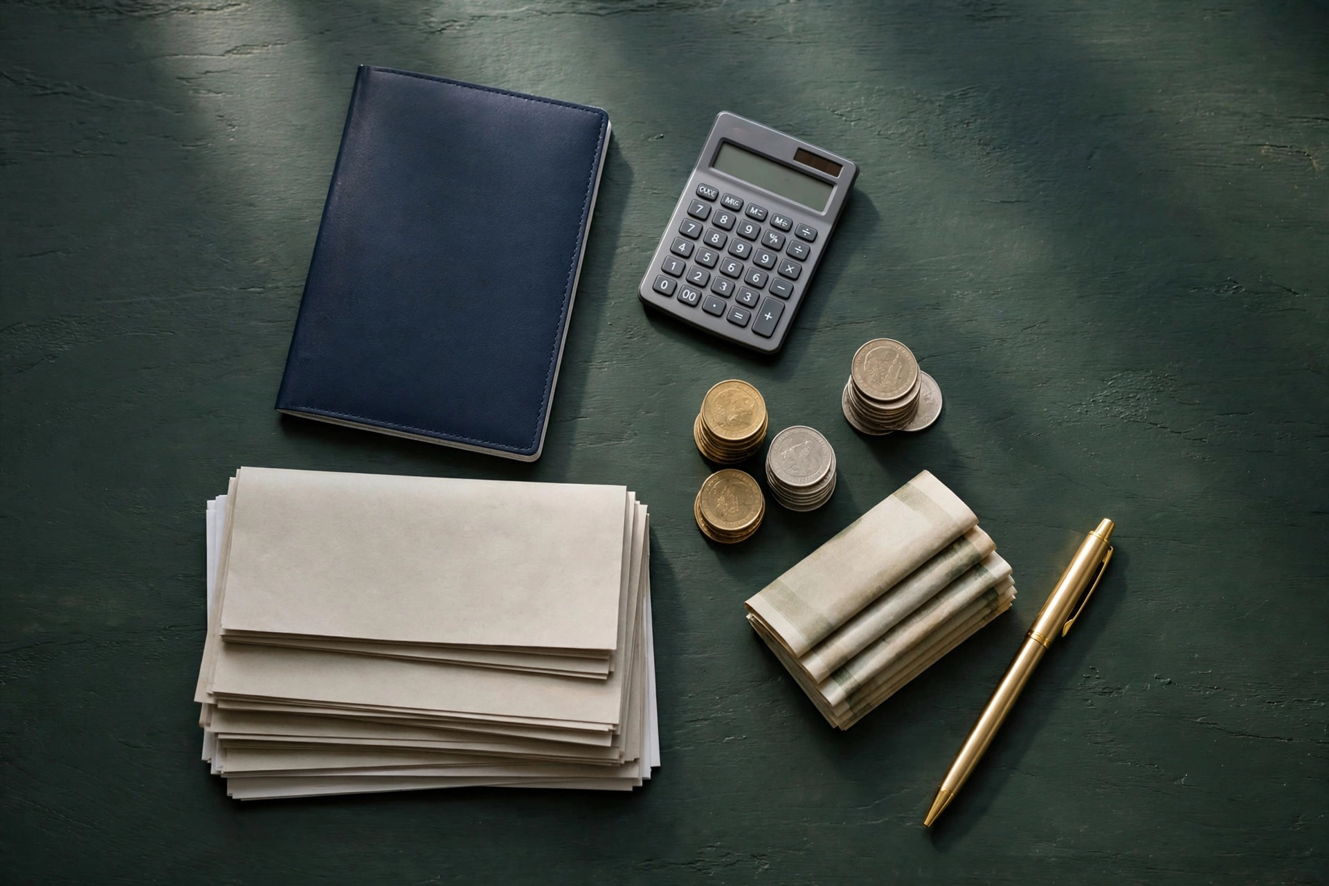 Flat-lay of a passport, calculator, documents and coins on a dark green desk with a gold pen, representing visa cost planning