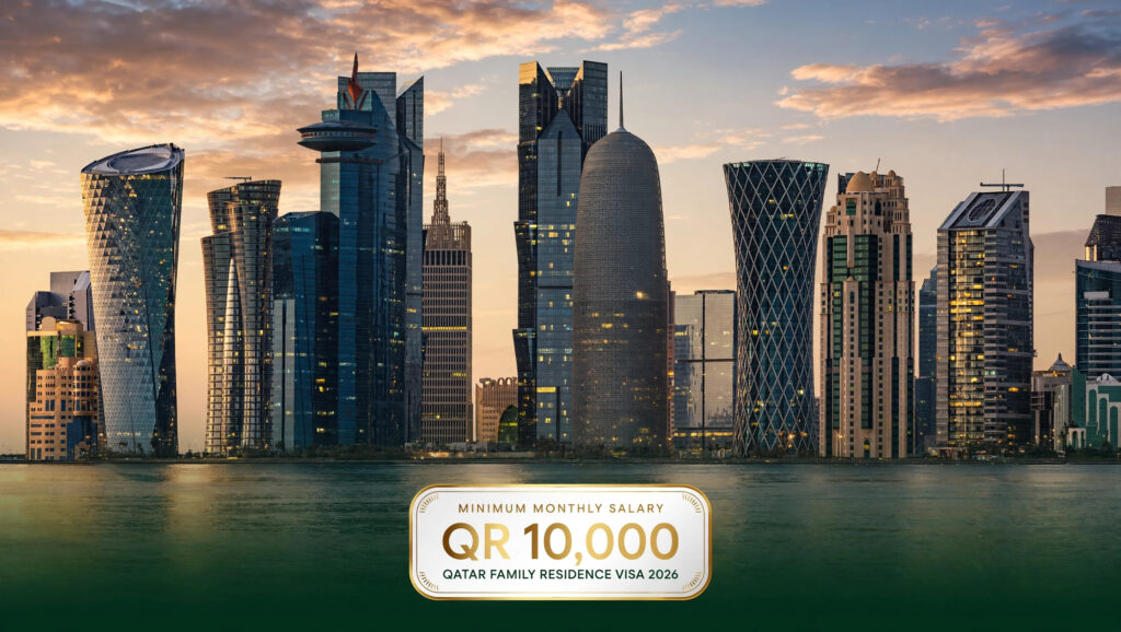 Doha skyline at dusk with a gold badge showing QR 10,000 minimum monthly salary for the Qatar family residence visa 2026