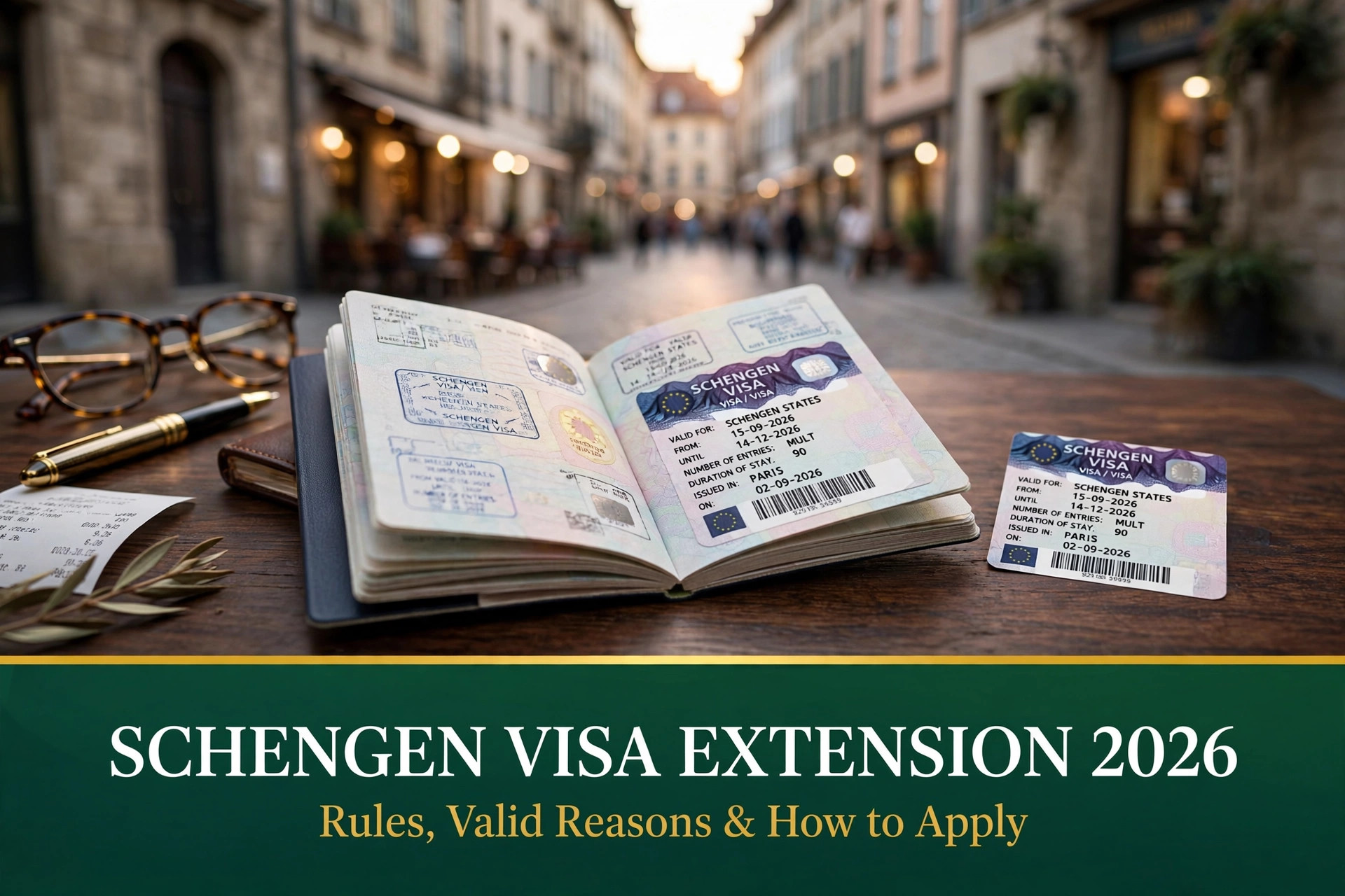 Traveller holding a passport with a Schengen visa sticker at a café table in a European old town