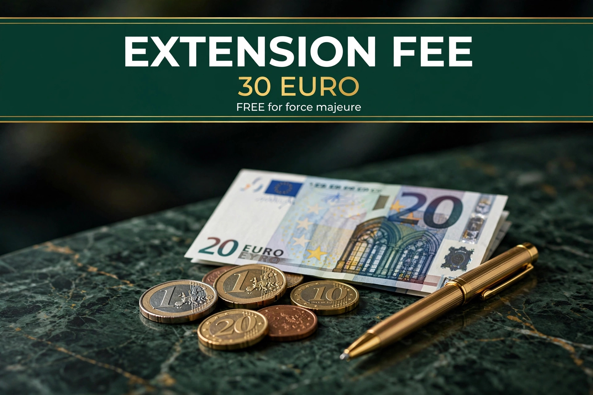 Euro banknotes and coins arranged on a dark green surface