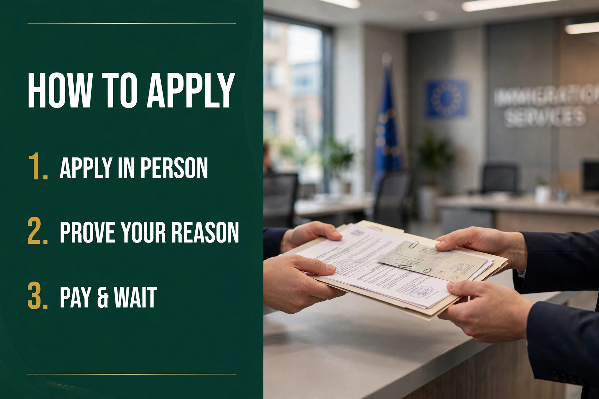Applicant handing documents across the counter at a European immigration office