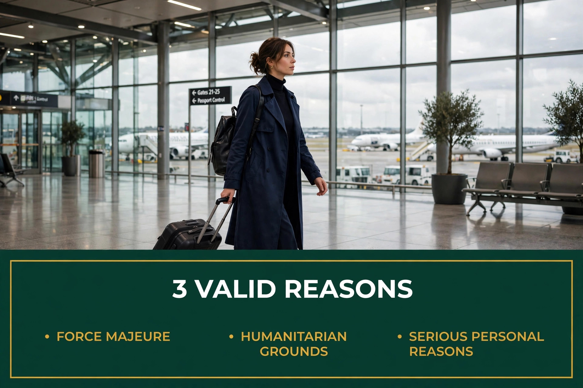 Traveller with a suitcase standing inside a European airport terminal