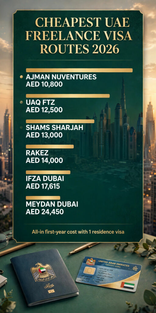 Bar chart ranking the cheapest UAE freelance visa routes in 2026 by all-in first-year cost, from Ajman NuVentures at AED 10,800 to Meydan Dubai at AED 24,450, with a Dubai skyline and UAE passport