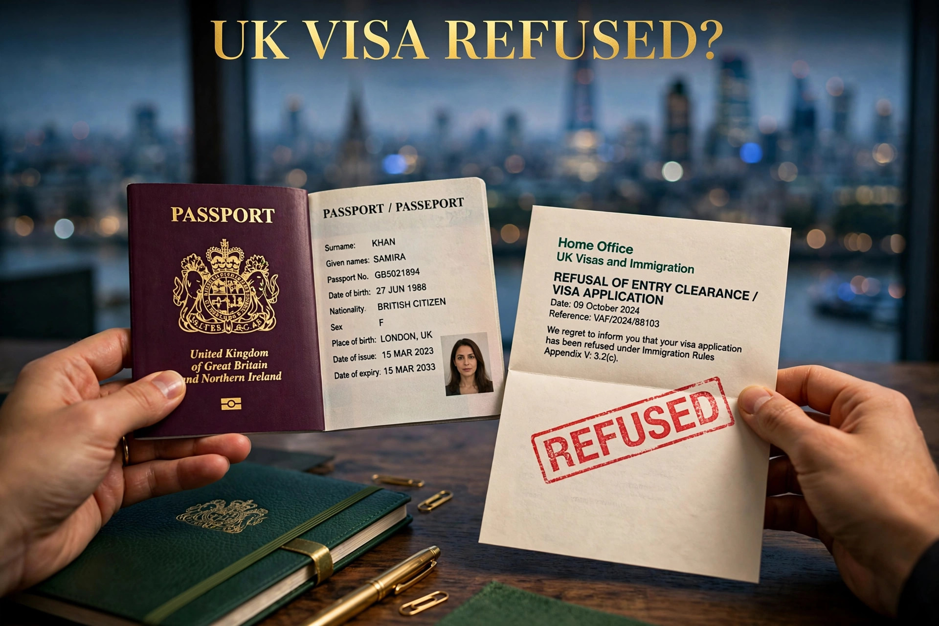 Applicant holding a UK passport and a Home Office refusal letter stamped REFUSED